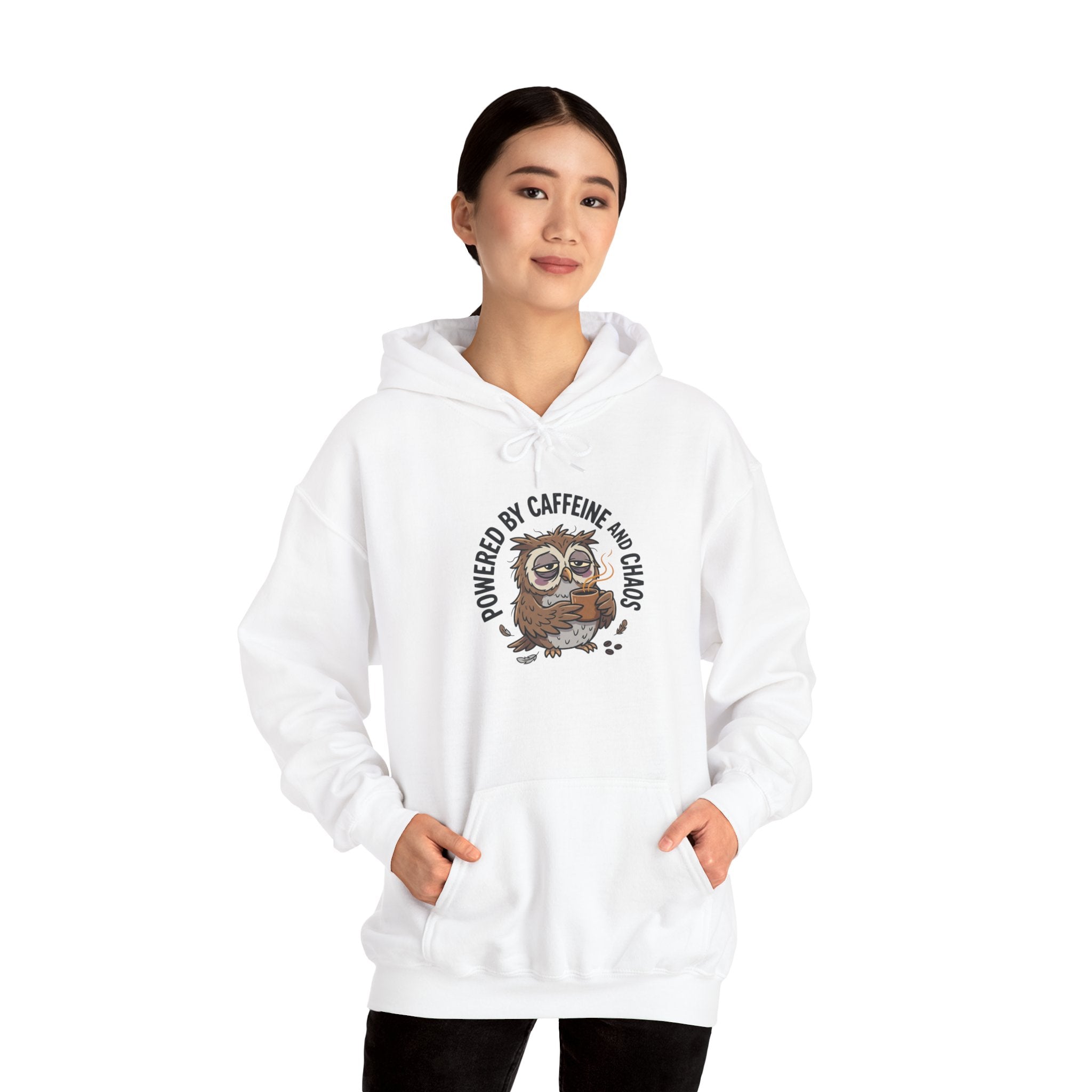 “Owl Powered” Hoodie - "Powered by Caffeine and Chaos" Cozy Graphic Sweatshirt
