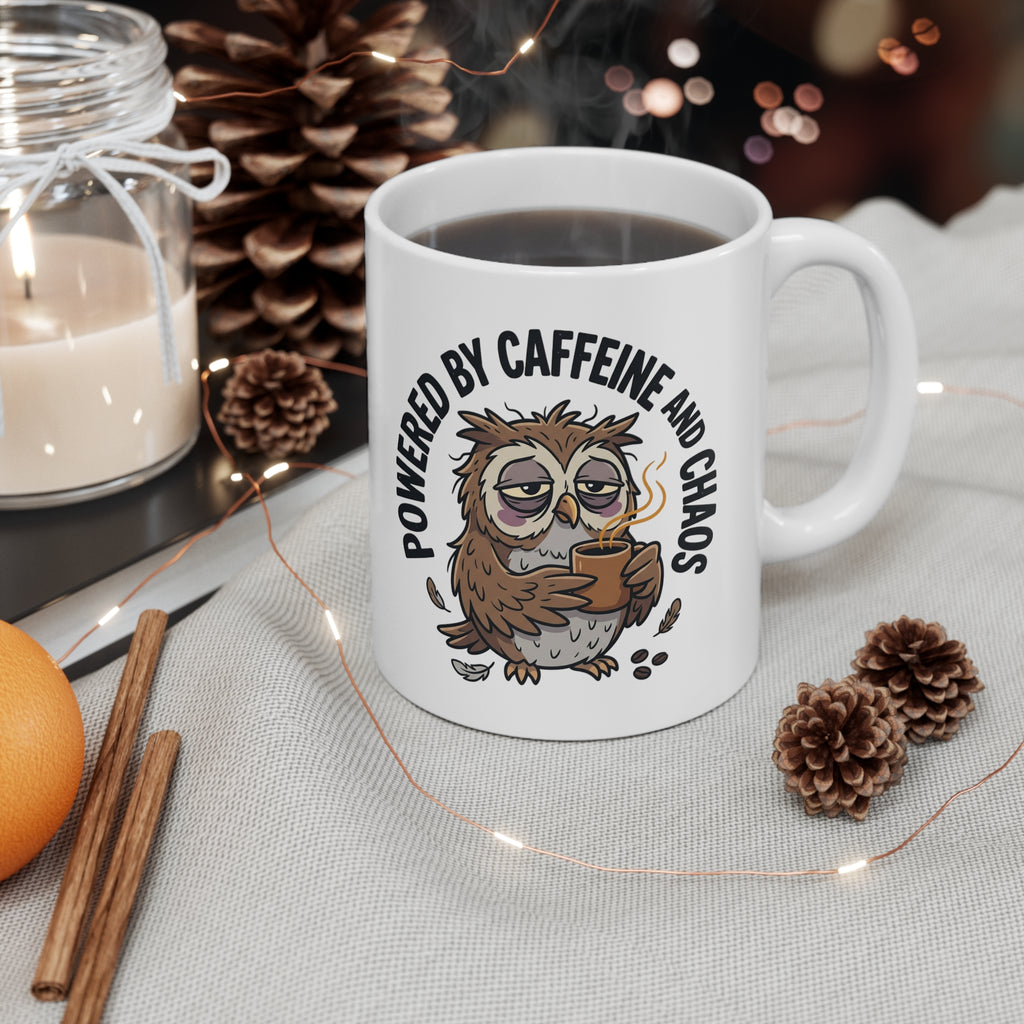Powered by Coffee Owl Mug — Funny Coffee Lover Ceramic Mug, 11oz