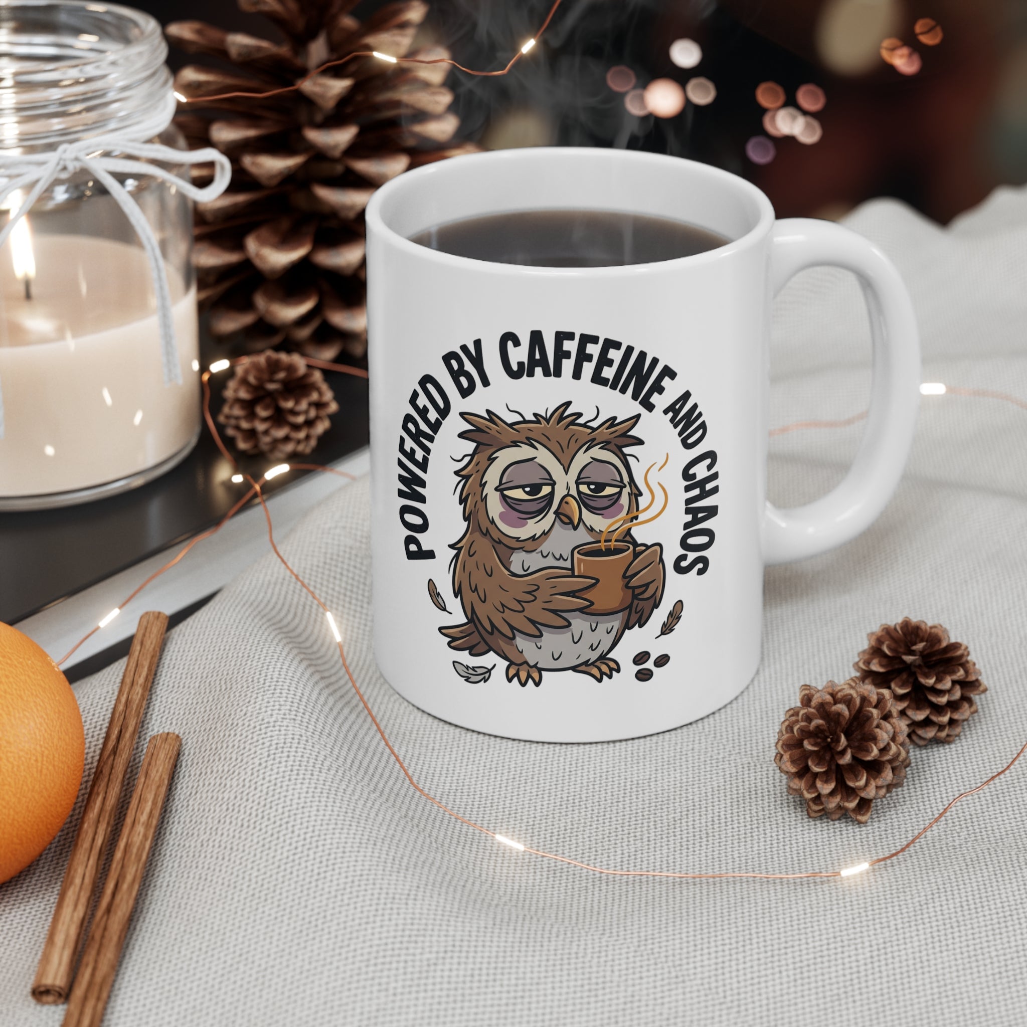 Powered by Coffee Owl Mug — Funny Coffee Lover Ceramic Mug, 11oz