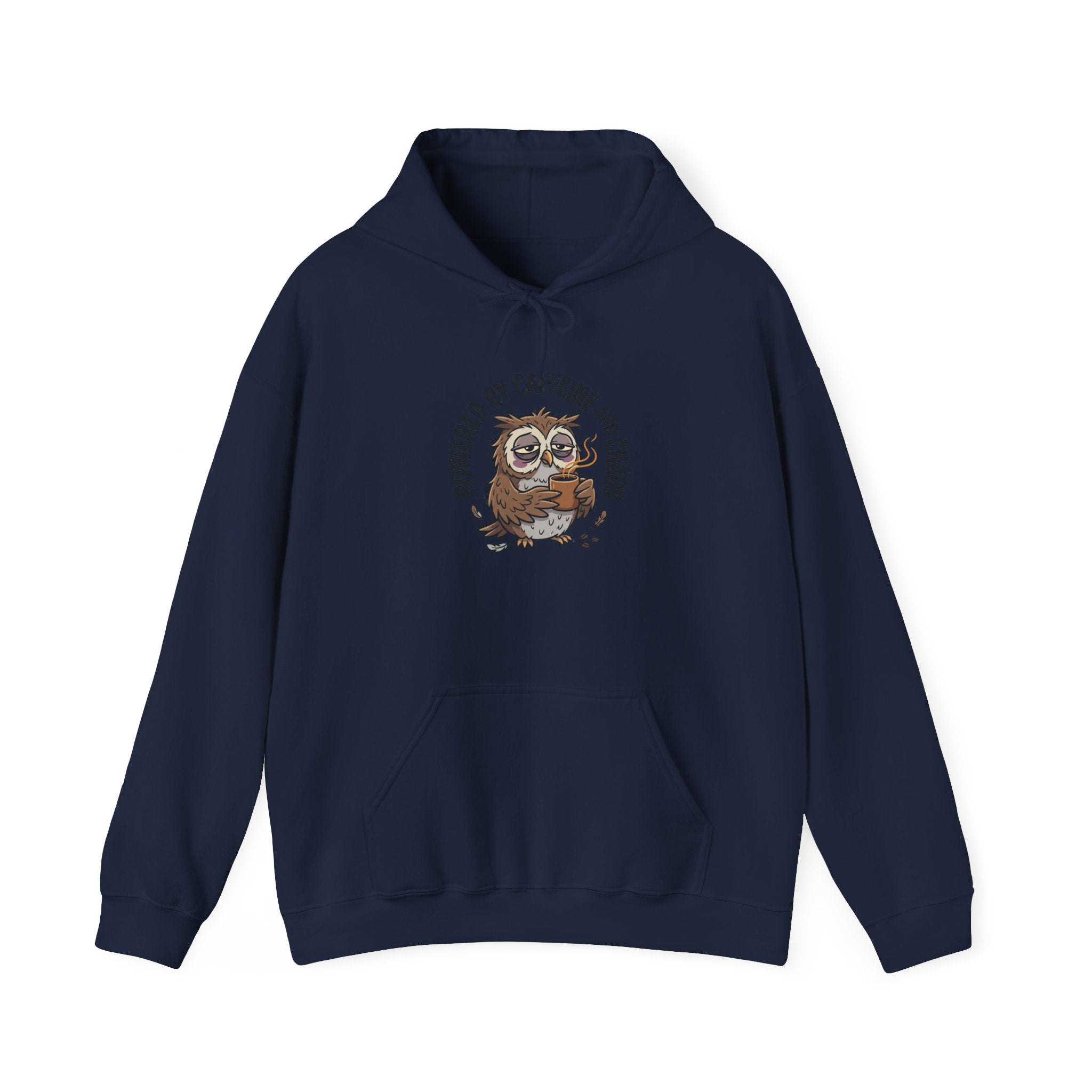 “Owl Powered” Hoodie - "Powered by Caffeine and Chaos" Cozy Graphic Sweatshirt
