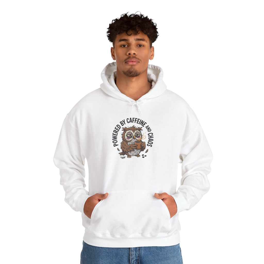 “Owl Powered” Hoodie - "Powered by Caffeine and Chaos" Cozy Graphic Sweatshirt