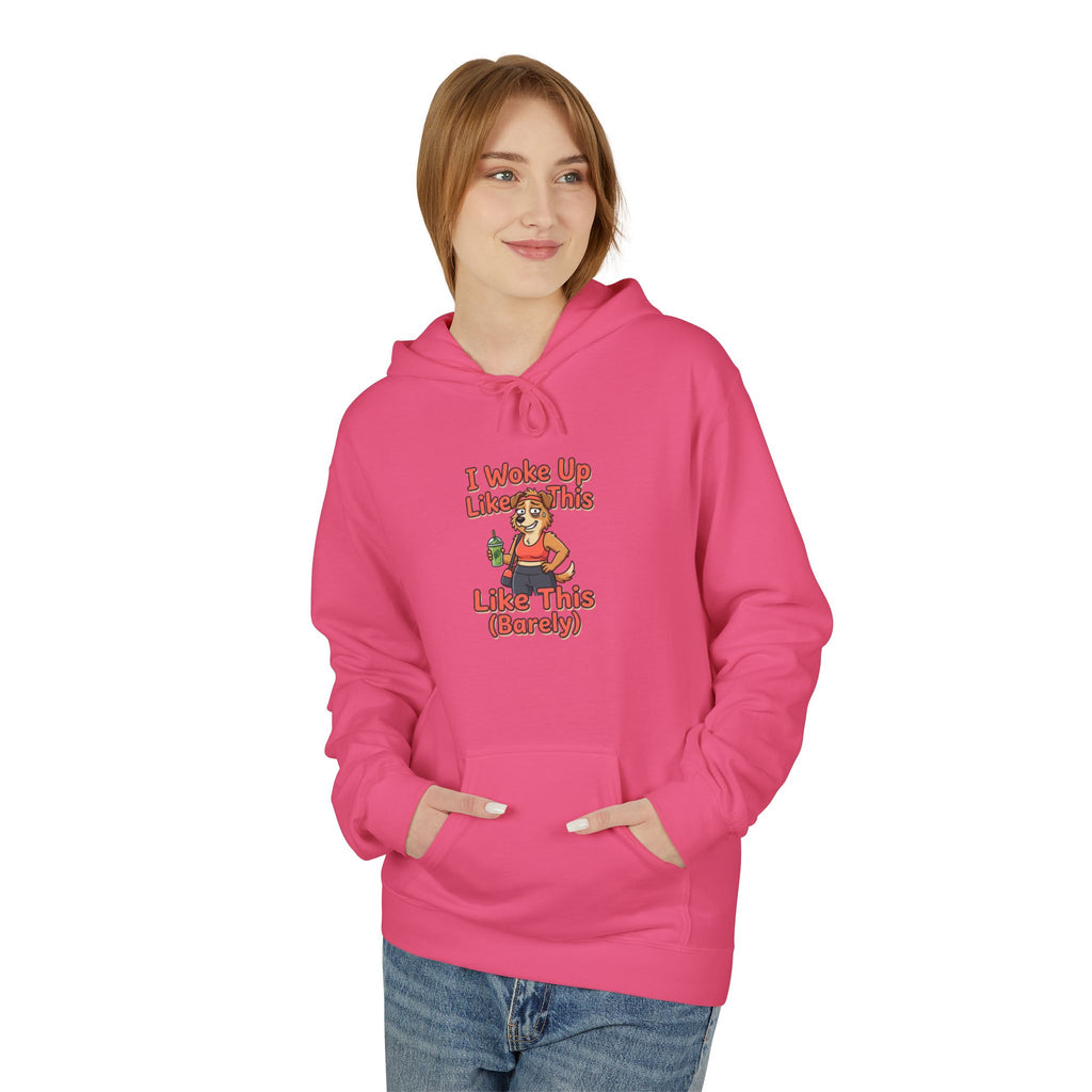 I Woke Up Like This (Barely) Hoodie — Funny Morning Dog Cartoon Hoodie