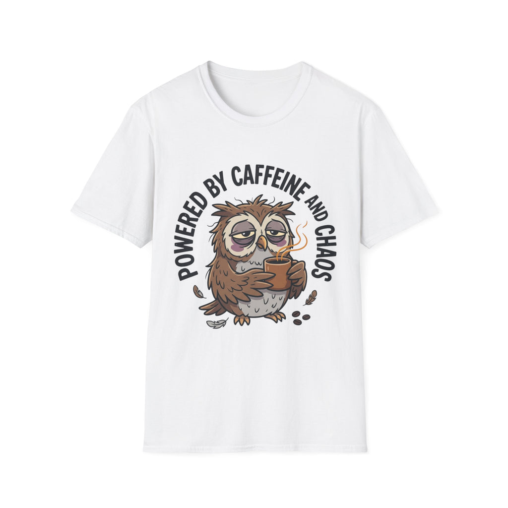 T‑Shirt — "Powered by Caffeine and Chaos" Cute Sleepy Owl Graphic Tee