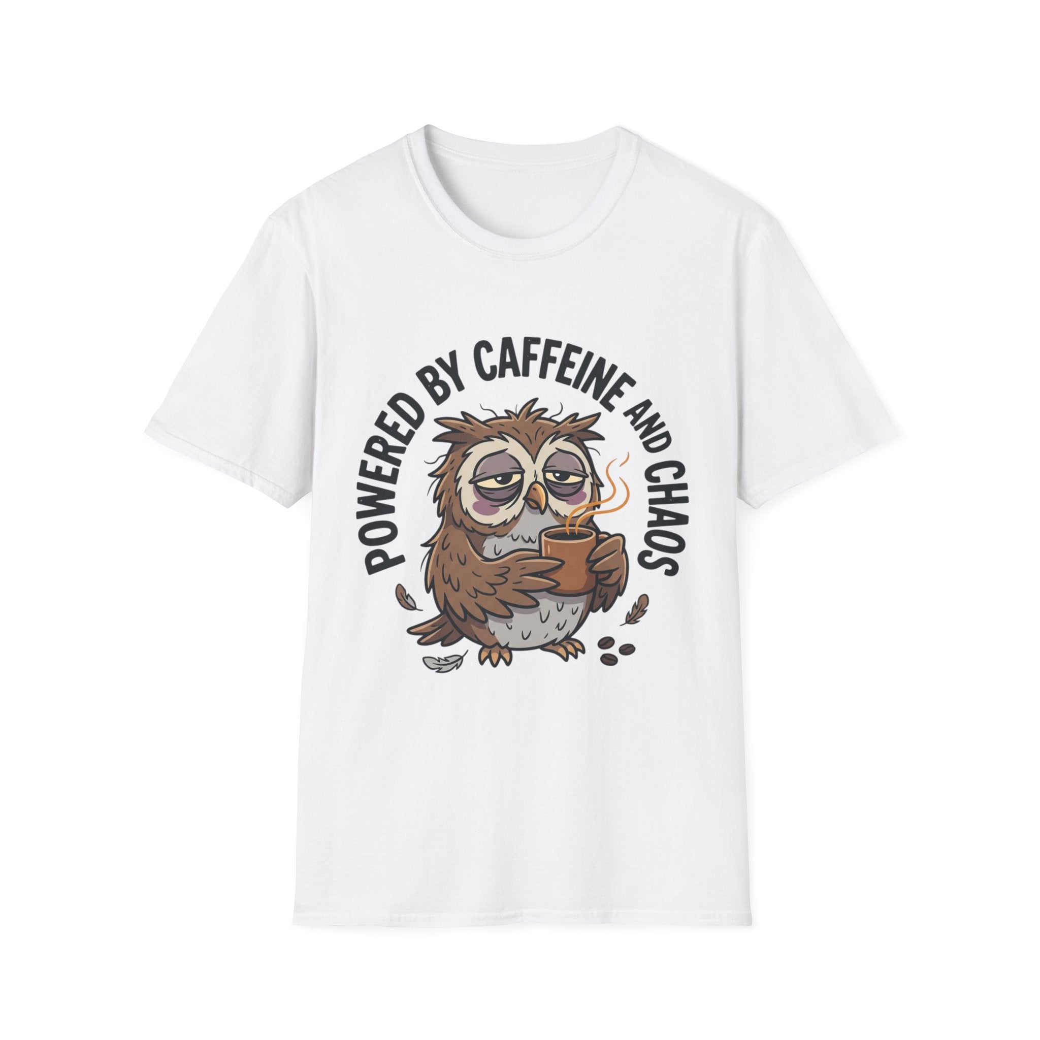 T‑Shirt — "Powered by Caffeine and Chaos" Cute Sleepy Owl Graphic Tee