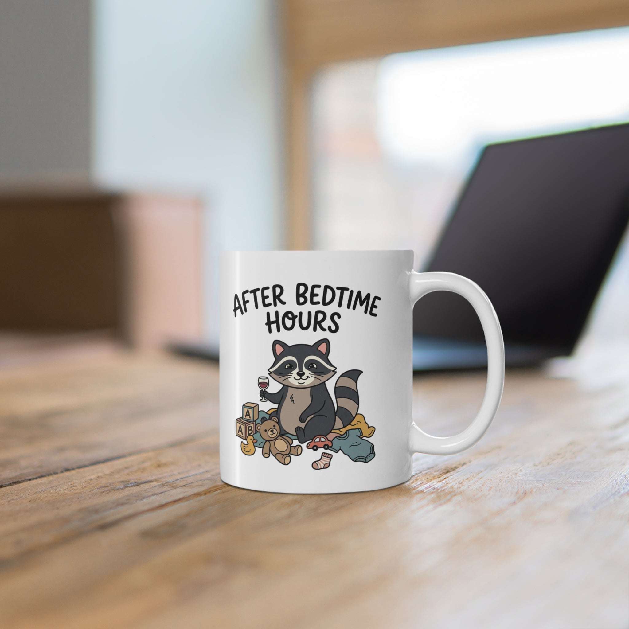 Funny Baby Raccoon Ceramic Mug – “After Bedtime Hours” 11oz Coffee Mug