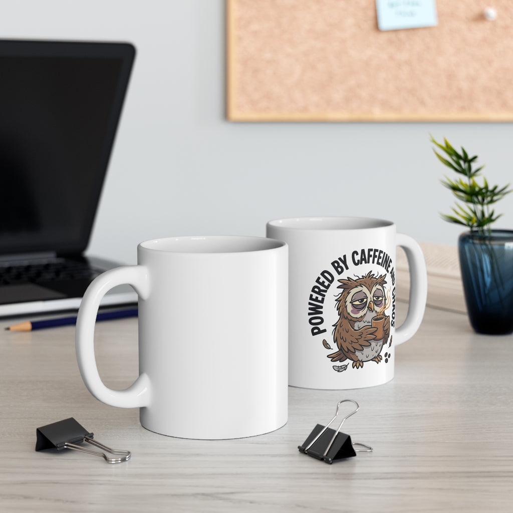 Powered by Coffee Owl Mug — Funny Coffee Lover Ceramic Mug, 11oz