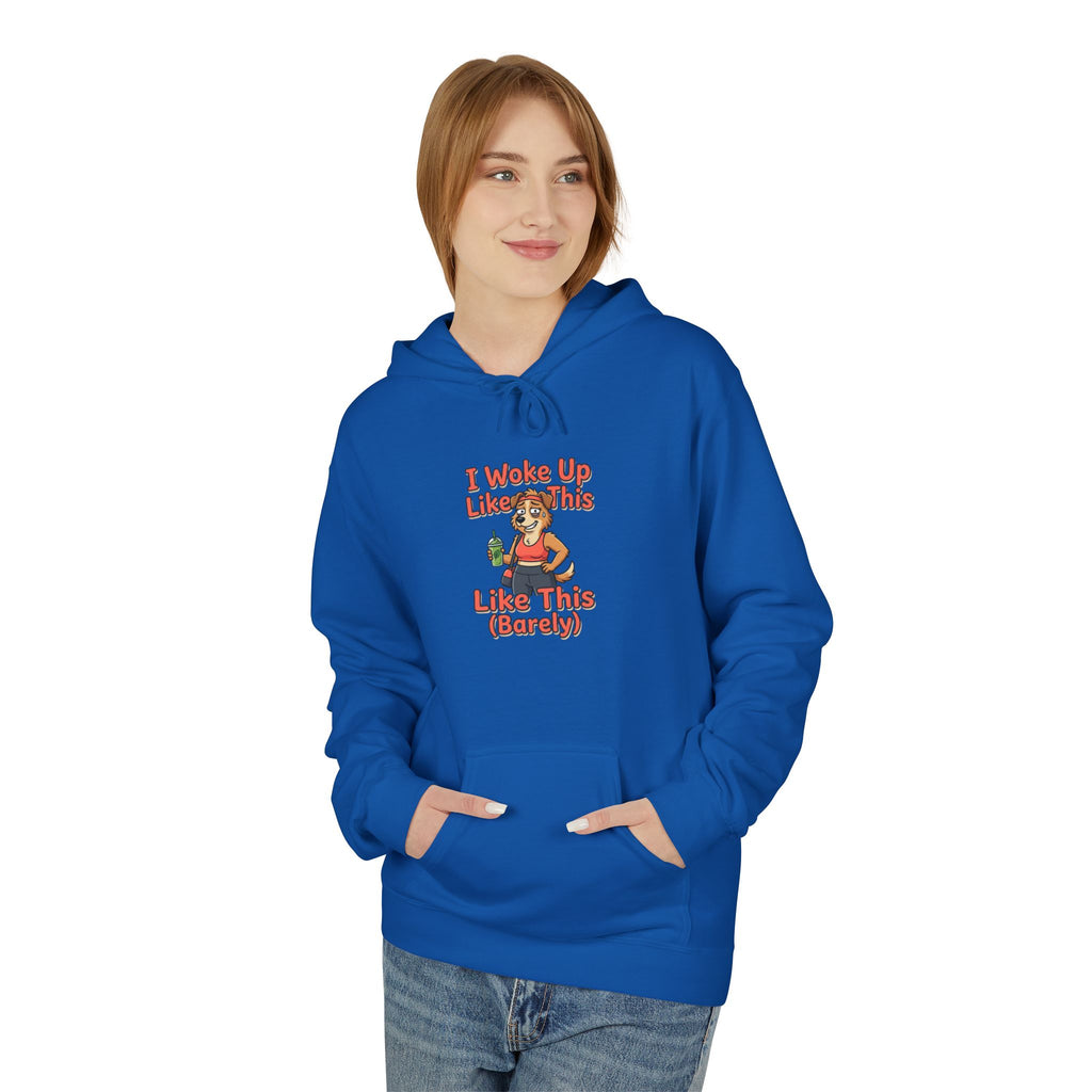 I Woke Up Like This (Barely) Hoodie — Funny Morning Dog Cartoon Hoodie